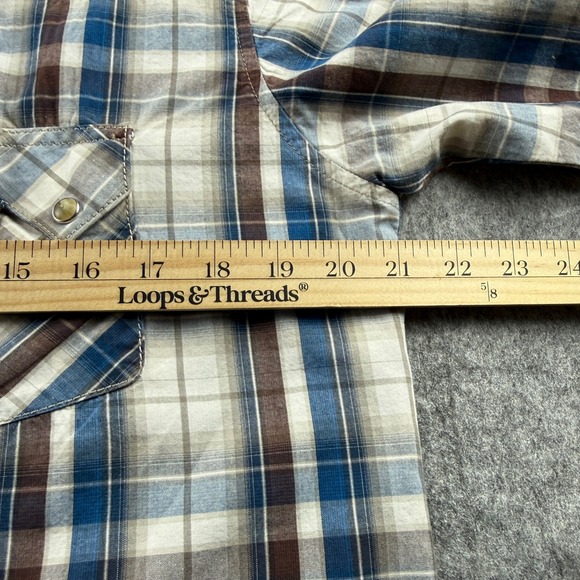Wrangler Mens Western Blue Brown Plaid Pearl Snap Long Sleeve Shirt Medium - Picture 2 of 14